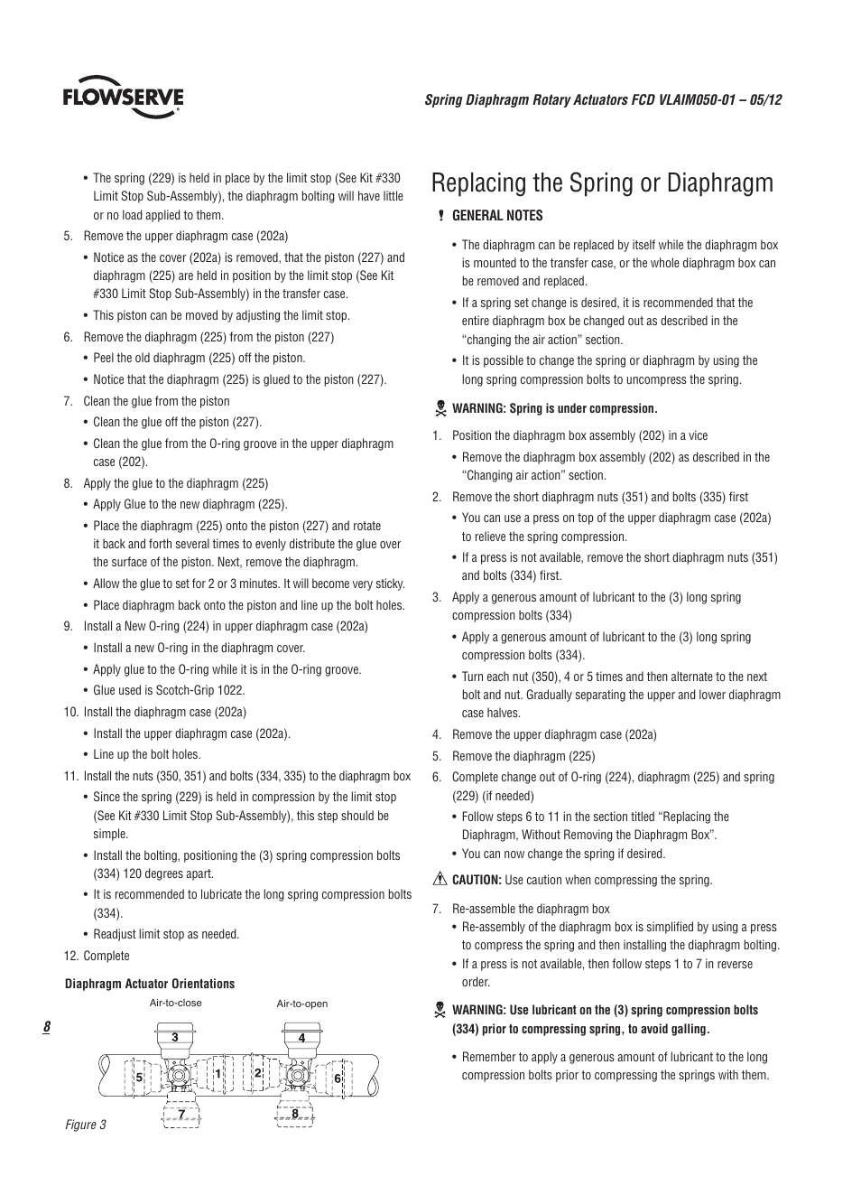 Replacing the spring or diaphragm | Flowserve Spring Diaphragm Rotary Actuators User Manual | Page 8 / 12