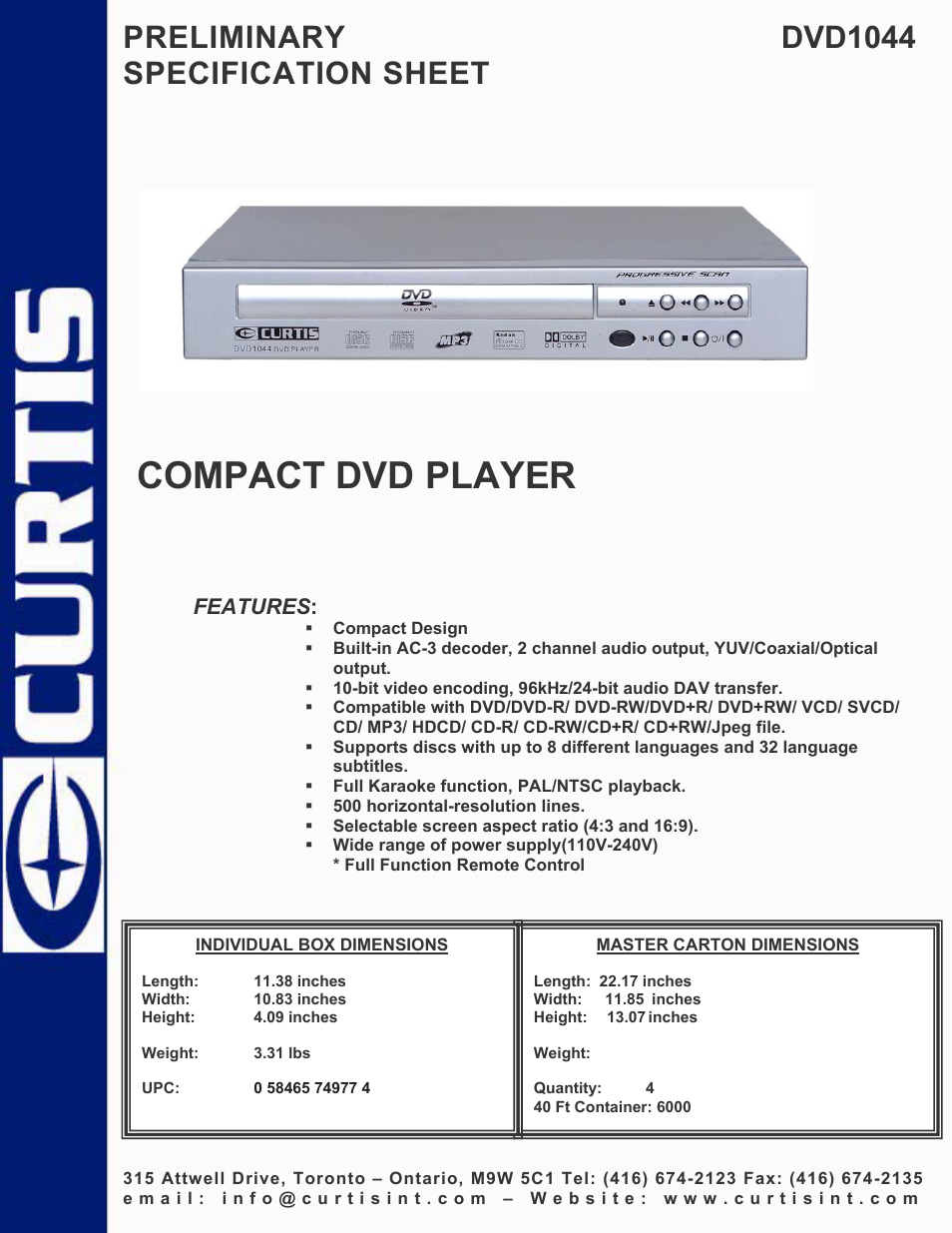 Curtis DVD1044 User Manual | 1 page