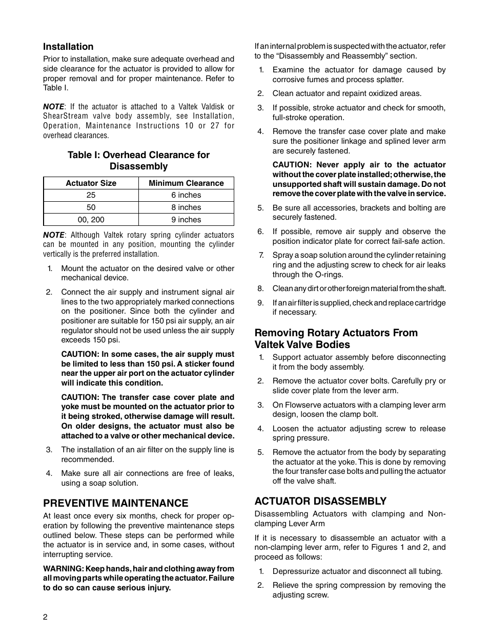 Preventive maintenance, Removing rotary actuators from valtek valve bodies, Actuator disassembly | Flowserve Valtek Spring Cylinder Rotary Actuators User Manual | Page 2 / 8