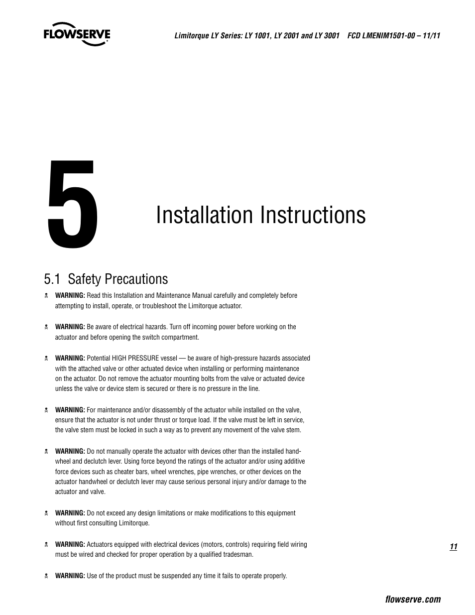 Installation instructions, 1 safety precautions | Flowserve LY Series Limitorque User Manual | Page 11 / 64