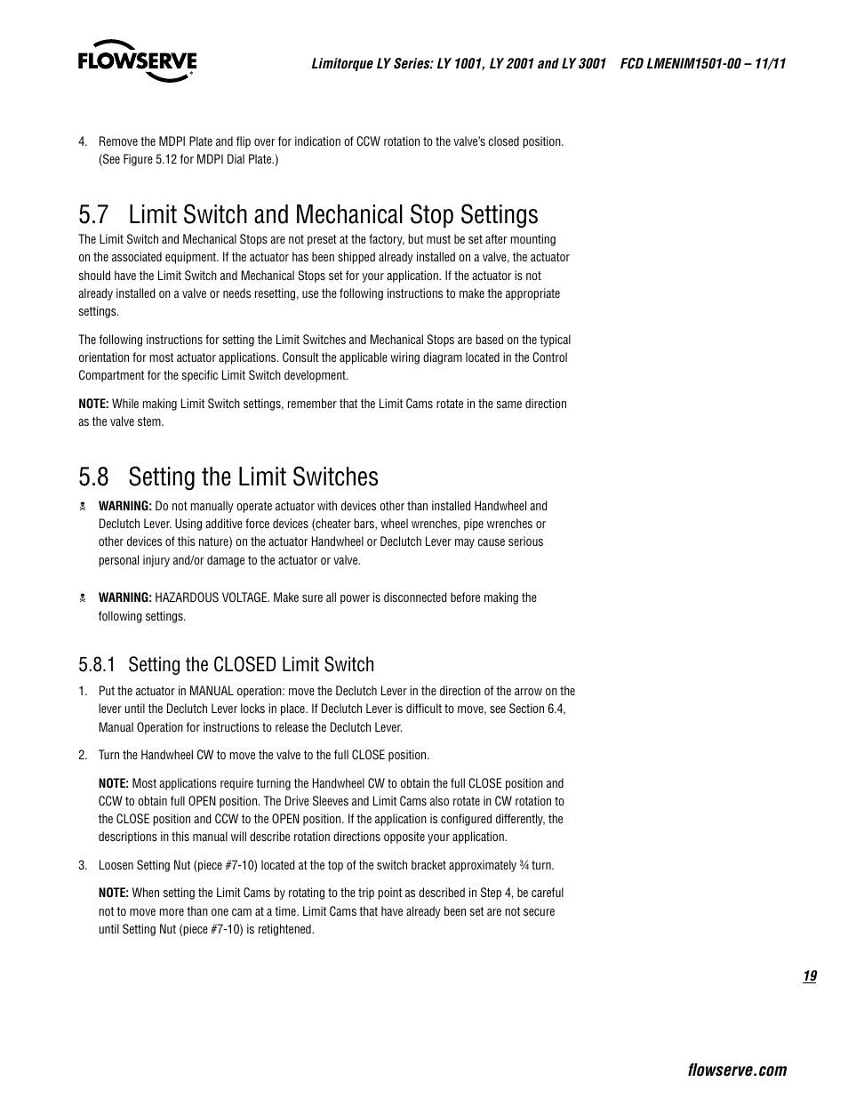 7 limit switch and mechanical stop settings, 8 setting the limit switches, 1 setting the closed limit switch | Flowserve LY Series Limitorque User Manual | Page 19 / 64