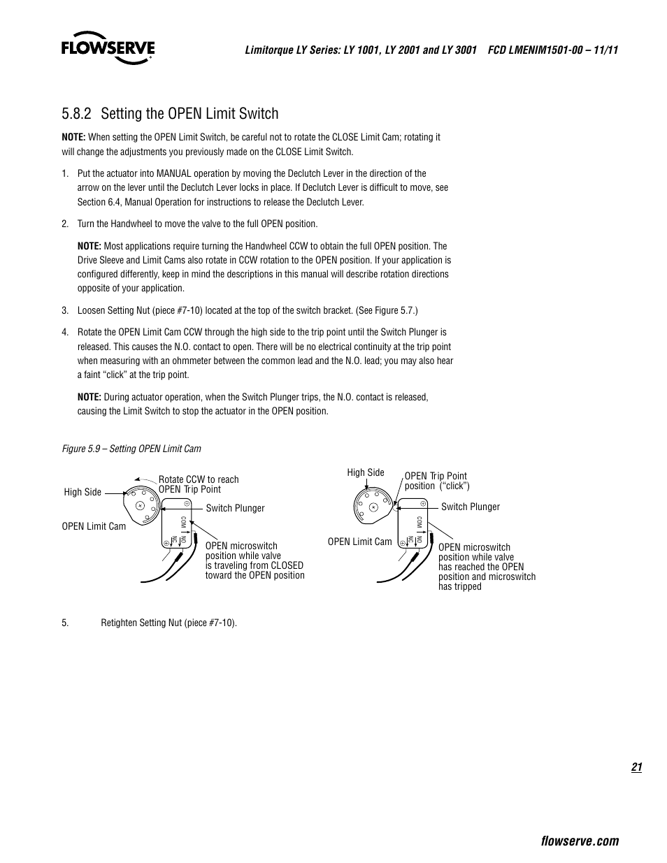 2 setting the open limit switch | Flowserve LY Series Limitorque User Manual | Page 21 / 64