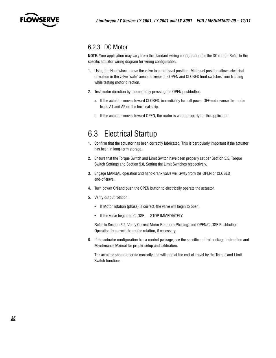 3 electrical startup, 3 dc motor | Flowserve LY Series Limitorque User Manual | Page 36 / 64