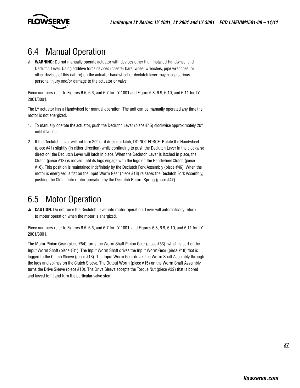 4 manual operation, 5 motor operation | Flowserve LY Series Limitorque User Manual | Page 37 / 64