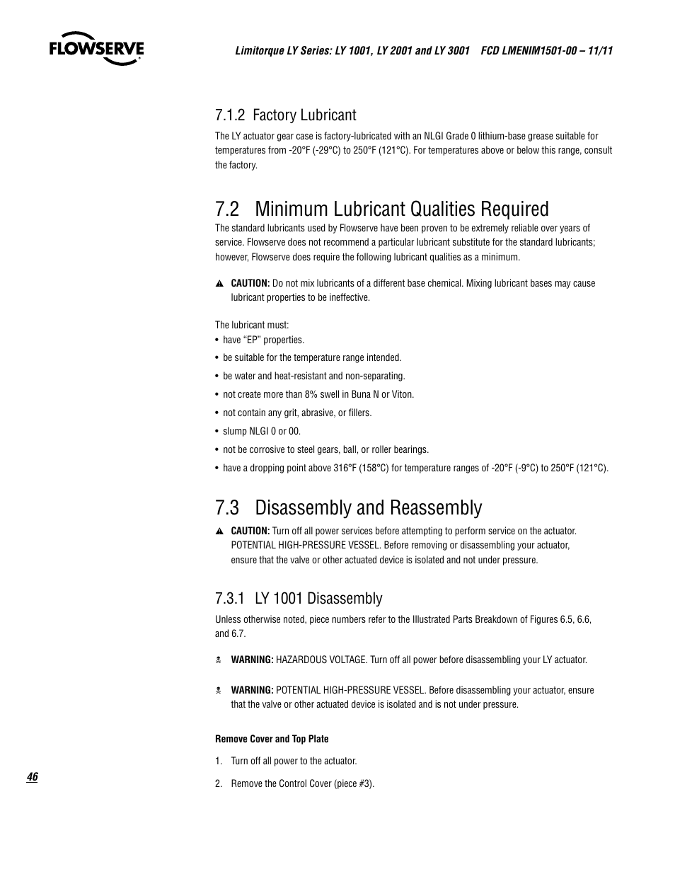 2 minimum lubricant qualities required, 3 disassembly and reassembly, 2 factory lubricant | Flowserve LY Series Limitorque User Manual | Page 46 / 64