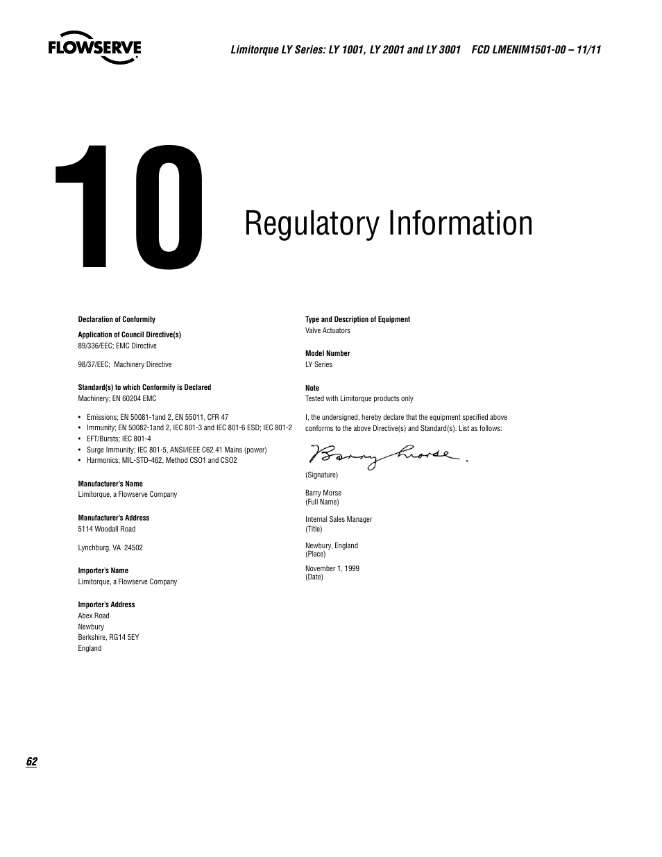 Regulatory information | Flowserve LY Series Limitorque User Manual | Page 62 / 64