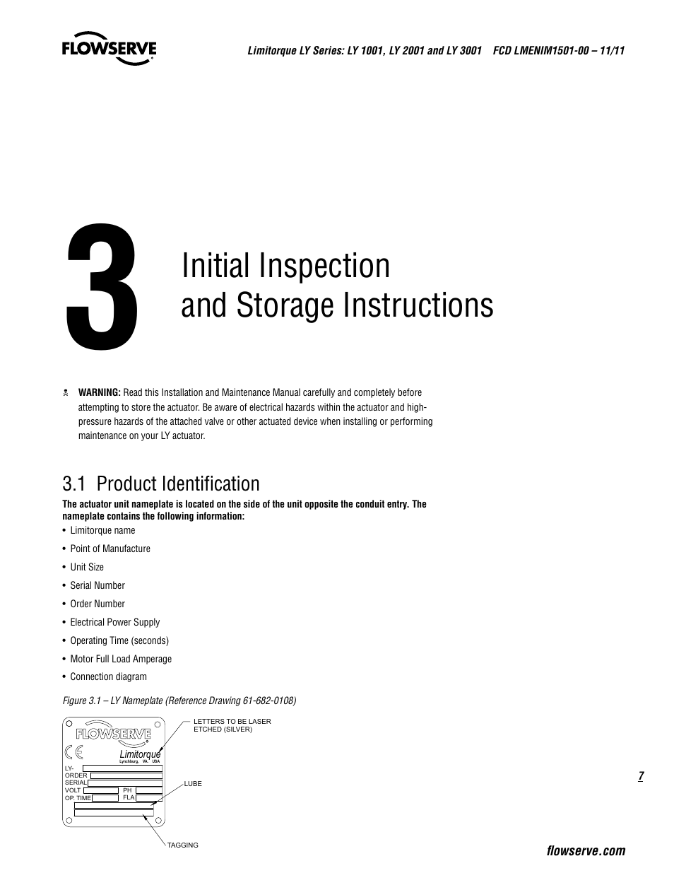 Initial inspection and storage instructions, 1 product identification | Flowserve LY Series Limitorque User Manual | Page 7 / 64
