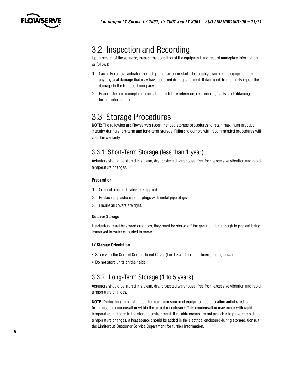 2 inspection and recording, 3 storage procedures, 1 short-term storage (less than 1 year) | 2 long-term storage (1 to 5 years) | Flowserve LY Series Limitorque User Manual | Page 8 / 64