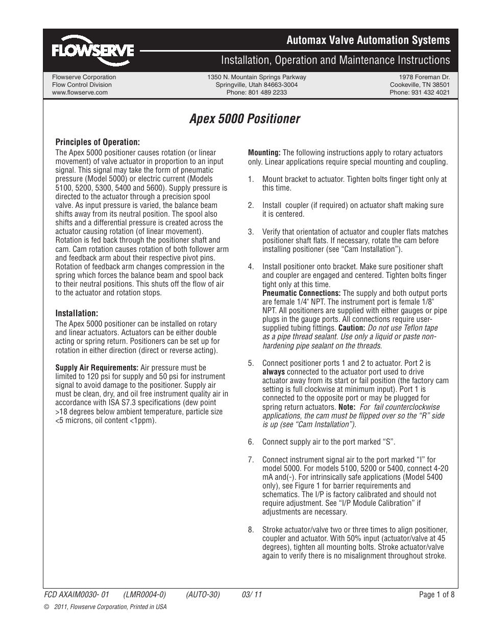 Flowserve 5000 Positioner Automax Valve Automation Systems User Manual | 8 pages