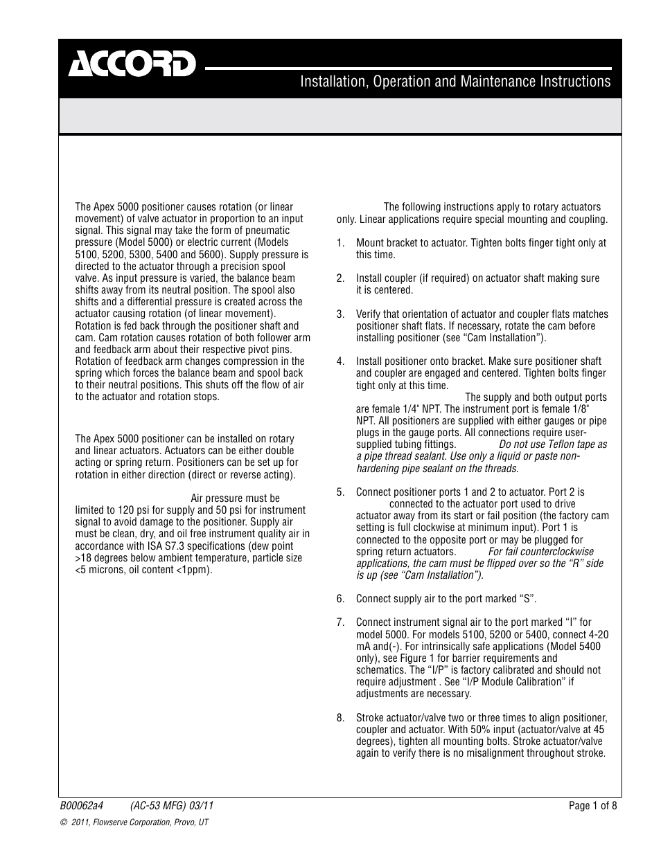 Flowserve Apex 5000 Positioner User Manual | 8 pages