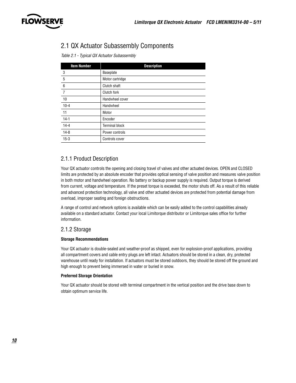 1 qx actuator subassembly components, 1 product description, 2 storage | Flowserve QX
 Limitorque User Manual | Page 10 / 82
