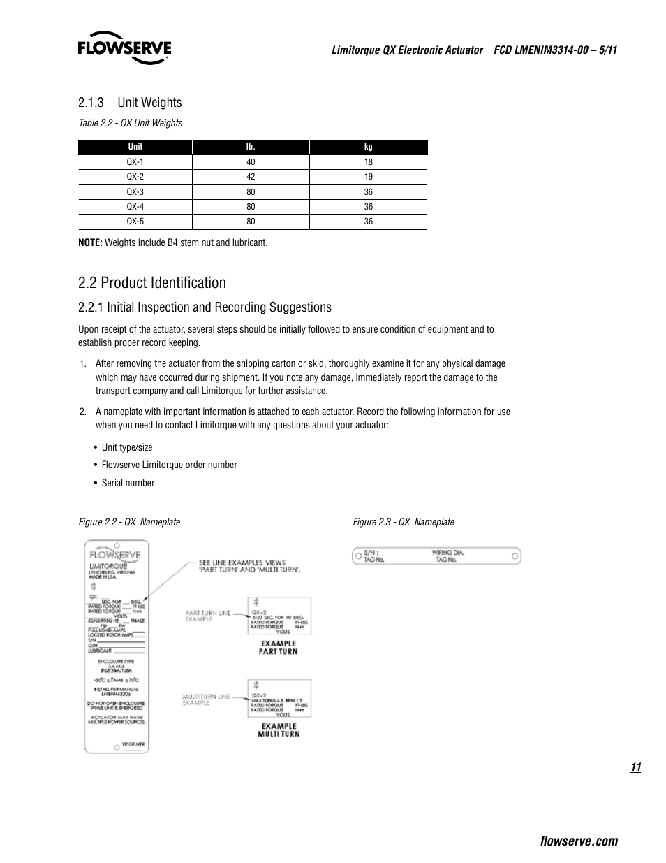 2 product identification, 1 initial inspection and recording suggestions | Flowserve QX
 Limitorque User Manual | Page 11 / 82