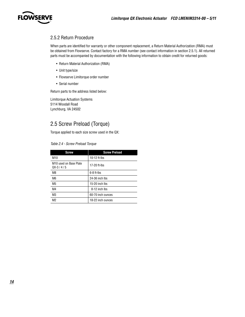 5 screw preload (torque), 2 return procedure | Flowserve QX
 Limitorque User Manual | Page 14 / 82