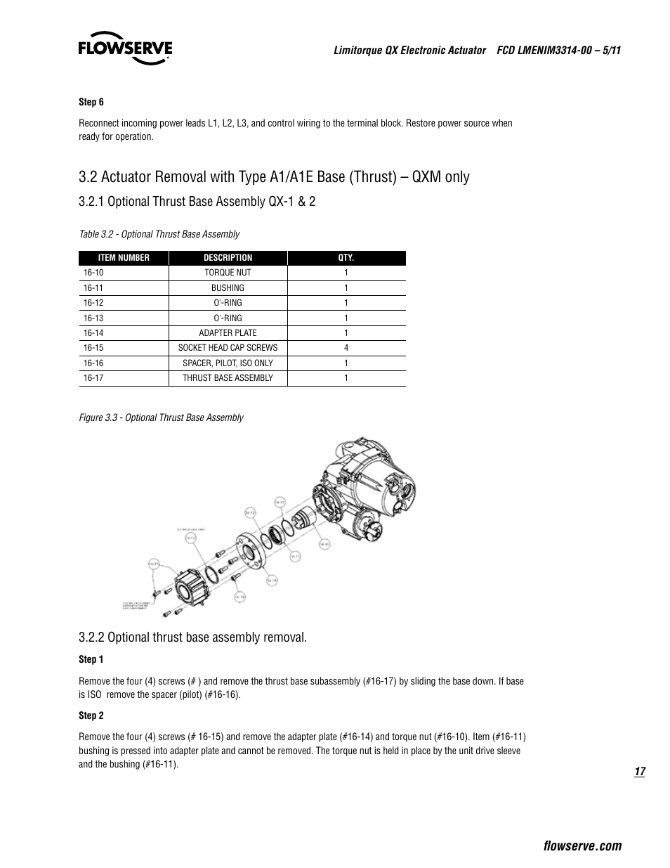 1 optional thrust base assembly qx-1 & 2, 2 optional thrust base assembly removal | Flowserve QX
 Limitorque User Manual | Page 17 / 82