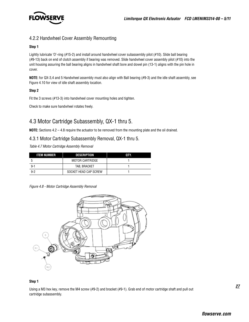 3 motor cartridge subassembly, qx-1 thru 5, 1 motor cartridge subassembly removal, qx-1 thru 5 | Flowserve QX
 Limitorque User Manual | Page 27 / 82