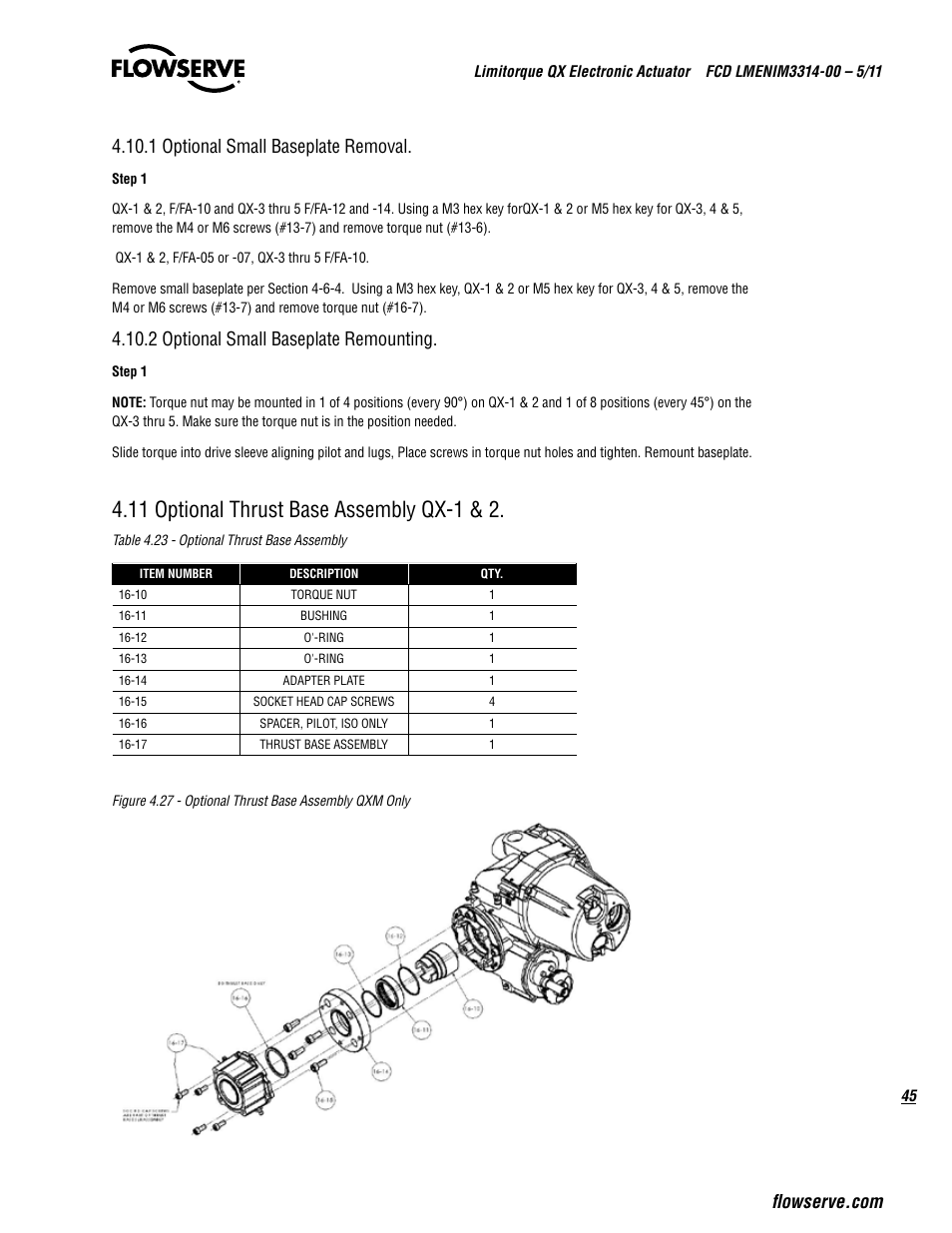 11 optional thrust base assembly qx-1 & 2, 2 optional small baseplate remounting | Flowserve QX
 Limitorque User Manual | Page 45 / 82