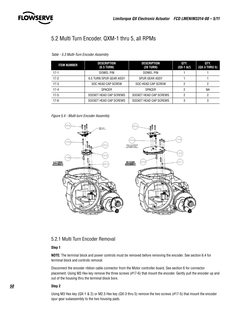2 multi turn encoder. qxm-1 thru 5, all rpms, 1 multi turn encoder removal | Flowserve QX
 Limitorque User Manual | Page 50 / 82
