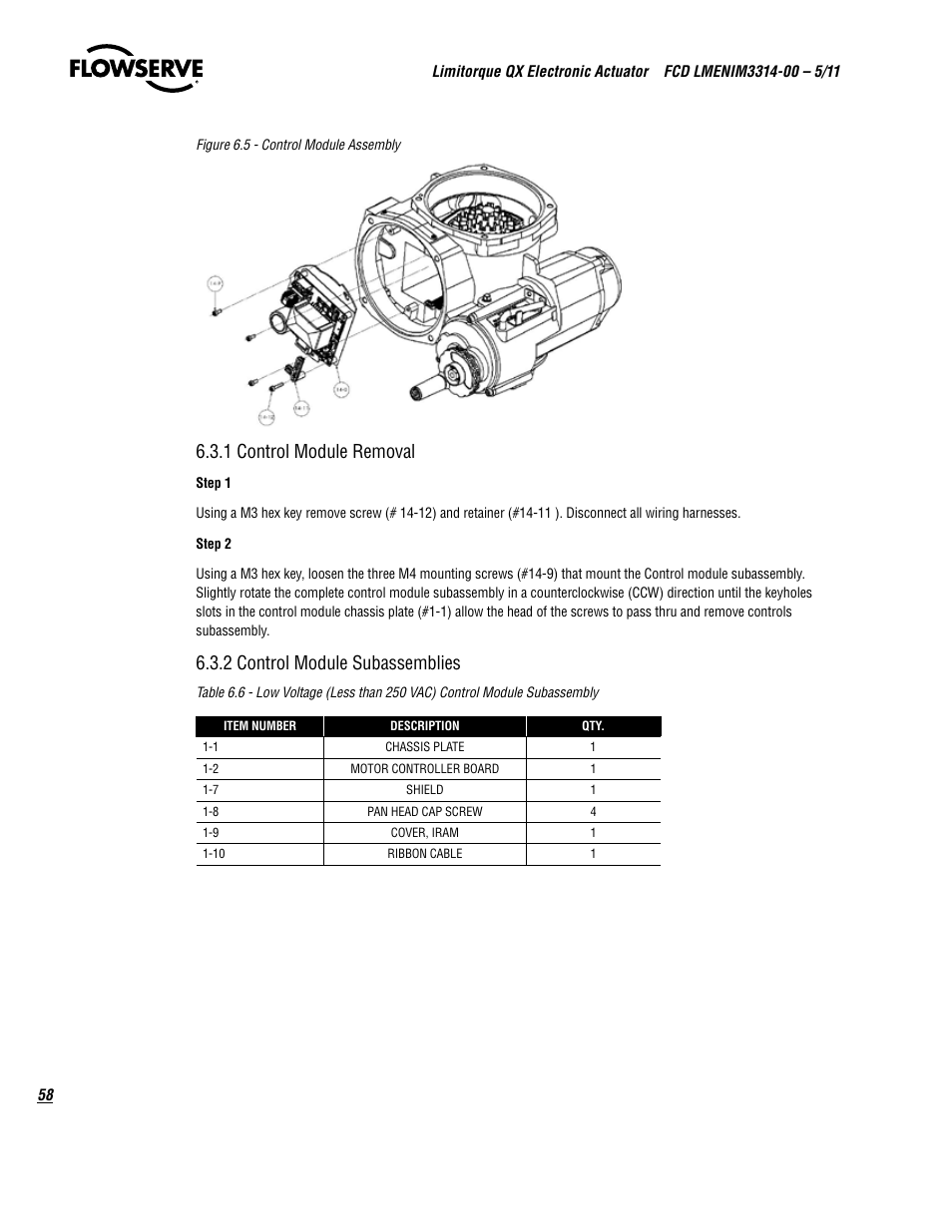 1 control module removal, 2 control module subassemblies | Flowserve QX
 Limitorque User Manual | Page 58 / 82