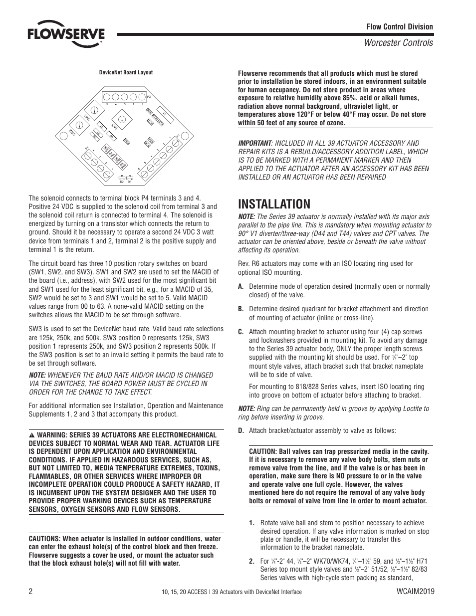 Installation, Worcester controls | Flowserve 10 ACCESS I 39 Actuators with DeviceNet Interface User Manual | Page 2 / 12