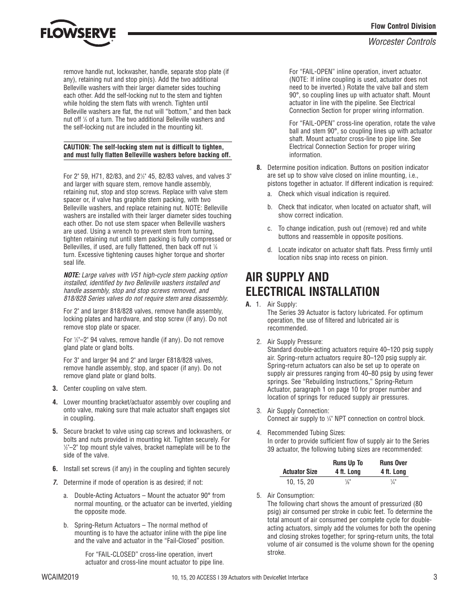 Air supply and electrical installation, Worcester controls | Flowserve 10 ACCESS I 39 Actuators with DeviceNet Interface User Manual | Page 3 / 12