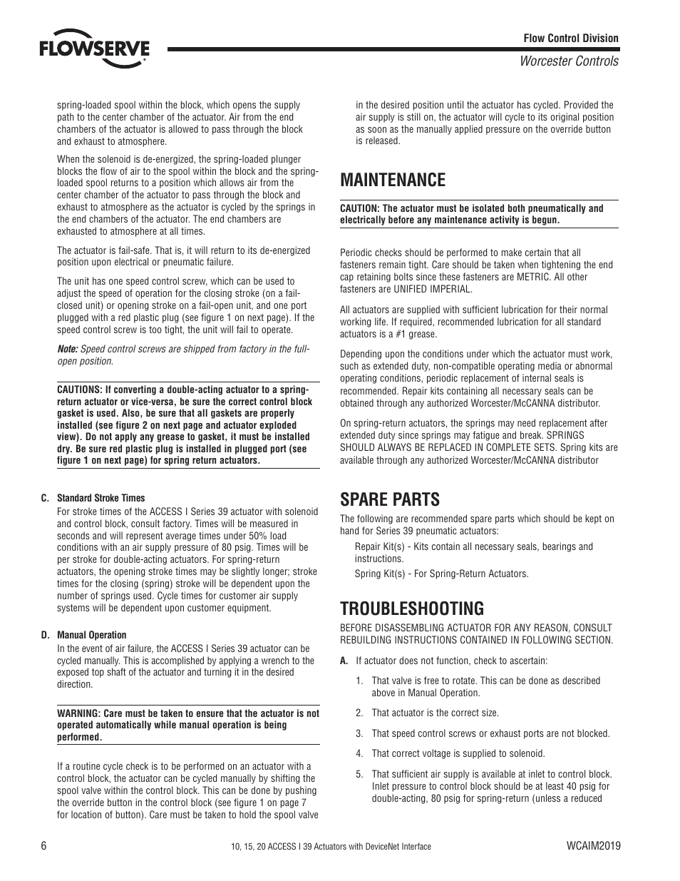 Maintenance, Spare parts, Troubleshooting | Worcester controls | Flowserve 10 ACCESS I 39 Actuators with DeviceNet Interface User Manual | Page 6 / 12