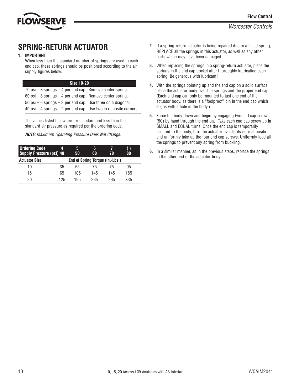 Spring-return actuator, Worcester controls | Flowserve 10 ACCESS I 39 Actuator with AS Interface User Manual | Page 10 / 12