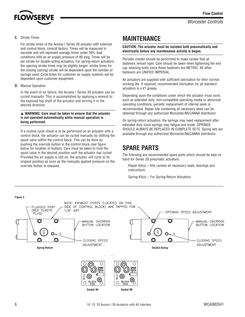 Maintenance, Spare parts, Worcester controls | Flowserve 10 ACCESS I 39 Actuator with AS Interface User Manual | Page 6 / 12