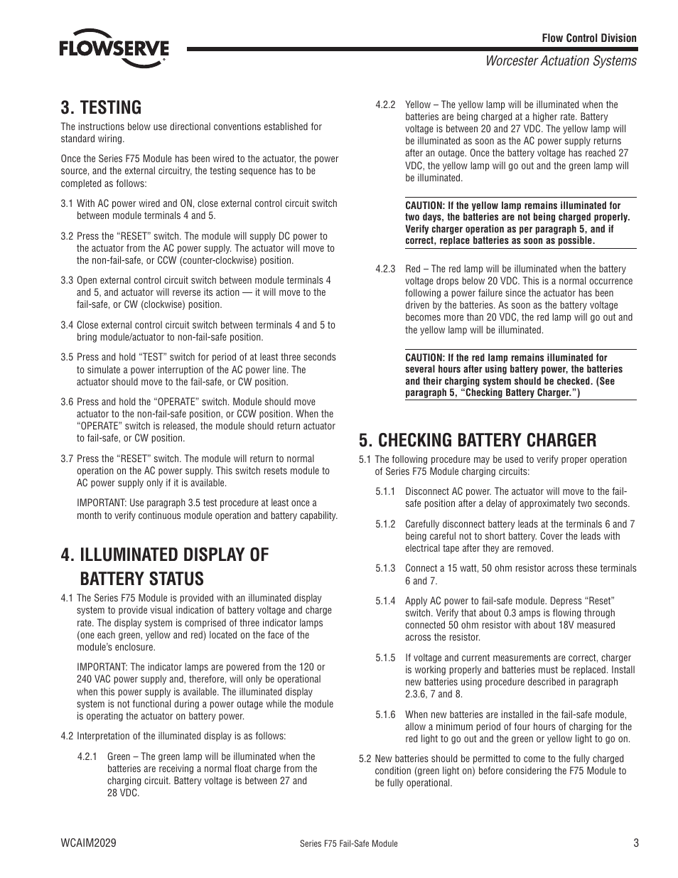 Testing, Illuminated display of battery status, Checking battery charger | Worcester actuation systems | Flowserve F75 Series Fail-Safe Module User Manual | Page 3 / 8