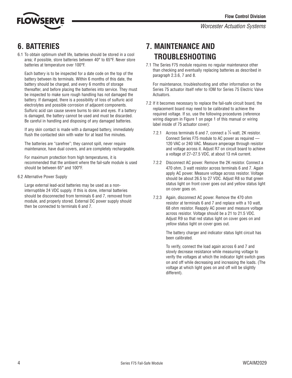 Batteries, Maintenance and troubleshooting, Worcester actuation systems | Flowserve F75 Series Fail-Safe Module User Manual | Page 4 / 8