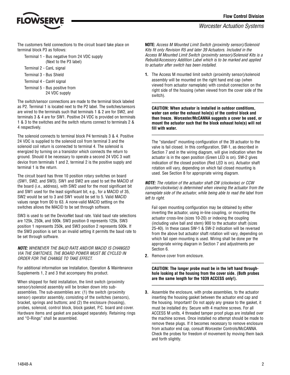 Worcester actuation systems | Flowserve 10-40 39 ACCESS M Mounted Limit Switch User Manual | Page 2 / 8
