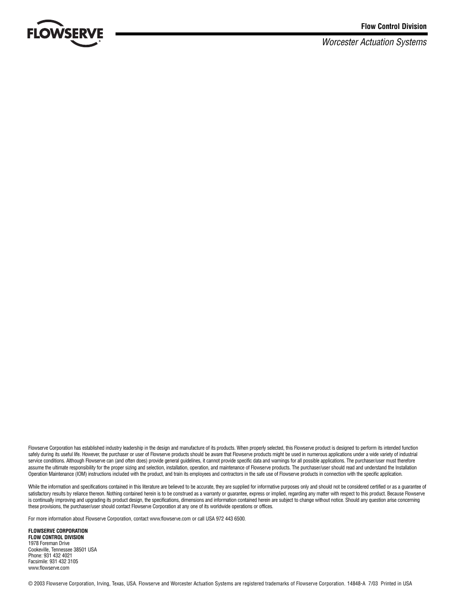 Worcester actuation systems | Flowserve 10-40 39 ACCESS M Mounted Limit Switch User Manual | Page 8 / 8