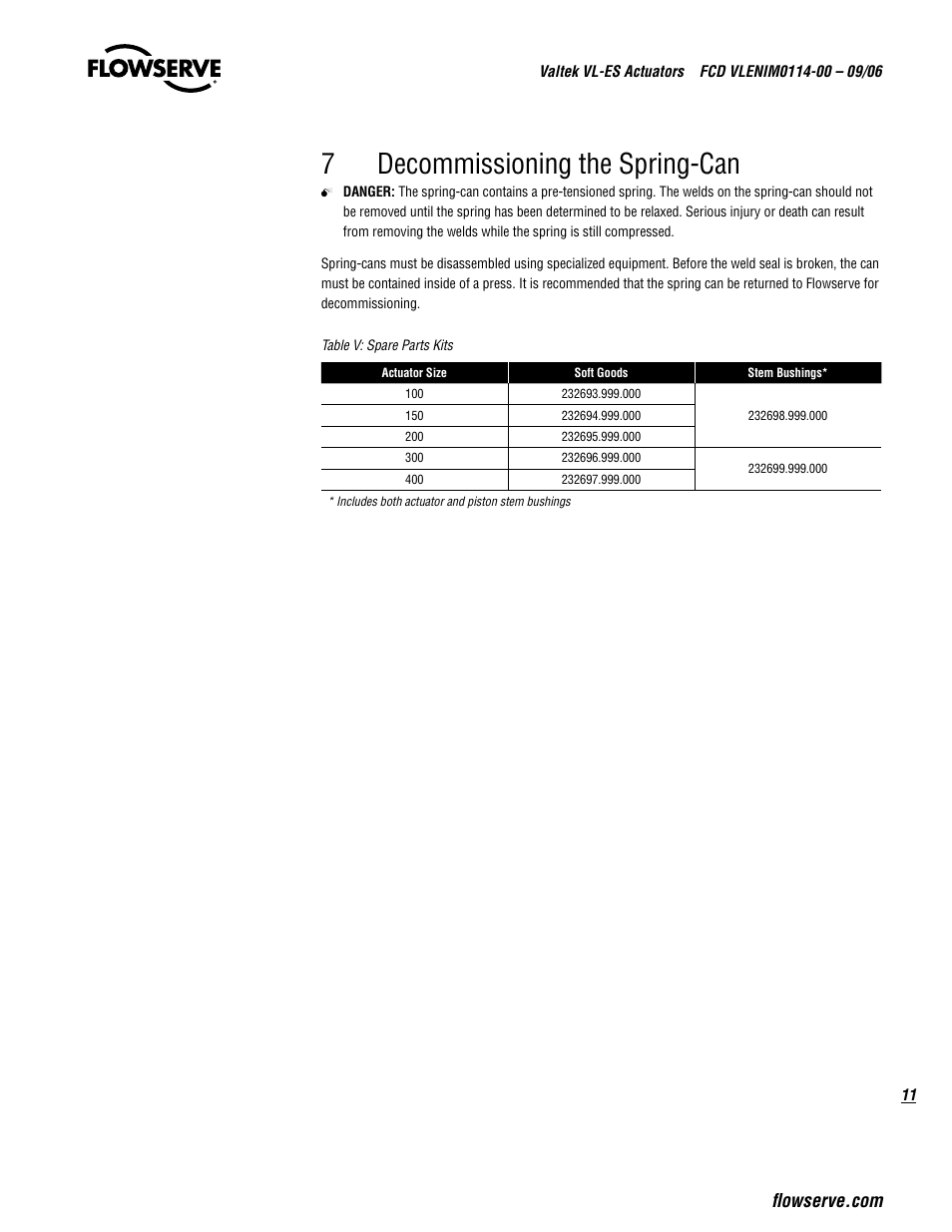 7decommissioning the spring-can | Flowserve Valtek VL-ES Actuators User Manual | Page 11 / 16