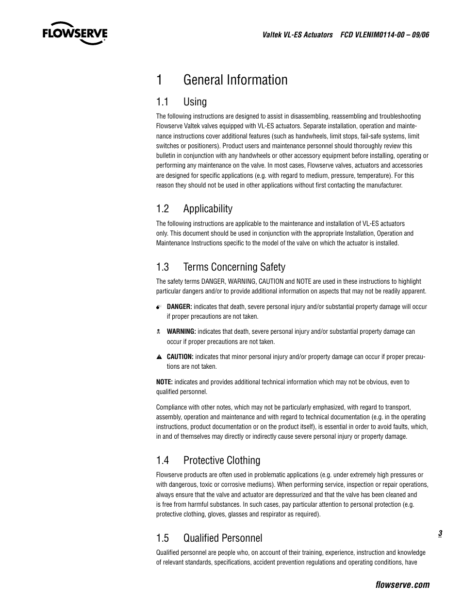 1general information, 1 using, 2 applicability | 3 terms concerning safety, 4 protective clothing, 5 qualified personnel | Flowserve Valtek VL-ES Actuators User Manual | Page 3 / 16