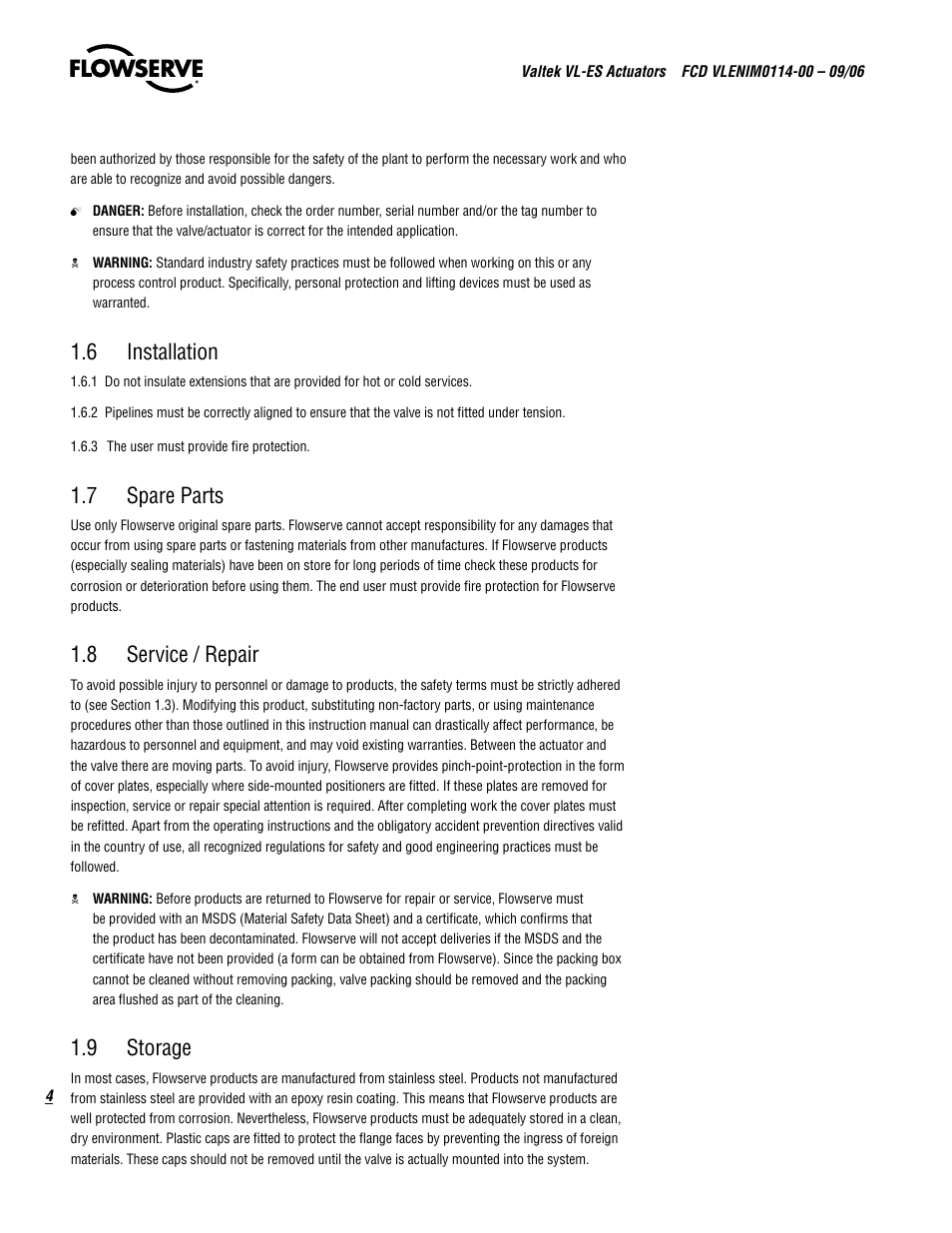 6 installation, 7 spare parts, 8 service / repair | 9 storage | Flowserve Valtek VL-ES Actuators User Manual | Page 4 / 16