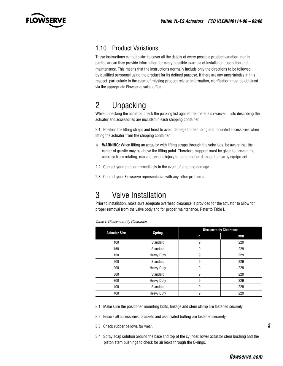 2unpacking, 3valve installation, 10 product variations | Flowserve Valtek VL-ES Actuators User Manual | Page 5 / 16