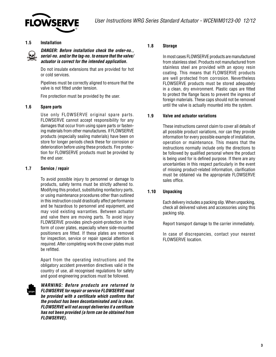 Flowserve WRG Series Standard Actuator User Manual | Page 3 / 12
