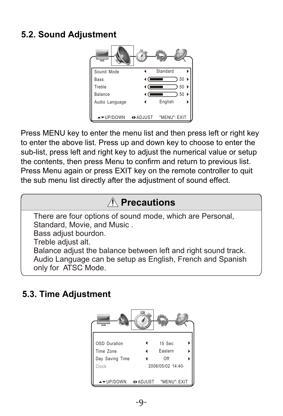 Т³гж 11, Precautions, Sound adjustment | Time adjustment | Curtis KCR2614A User Manual | Page 12 / 20