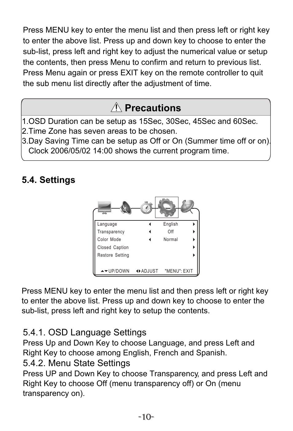 Т³гж 12, Precautions, Settings | Osd language settings, Menu state settings | Curtis KCR2614A User Manual | Page 13 / 20