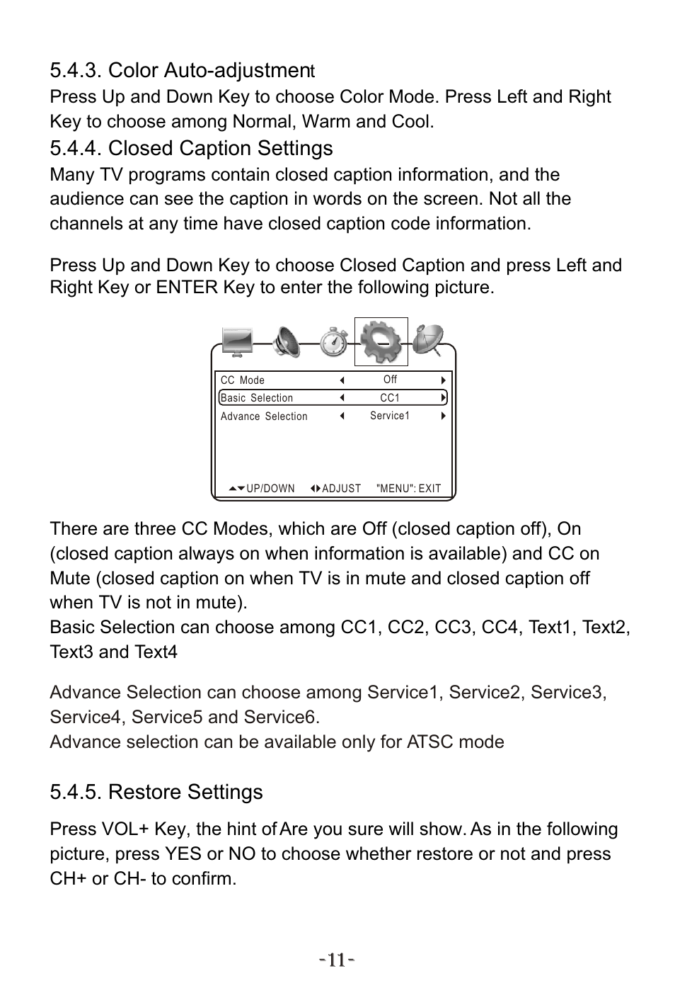 Т³гж 13, Color auto-adjustmen, Closed caption settings | Restore settings | Curtis KCR2614A User Manual | Page 14 / 20