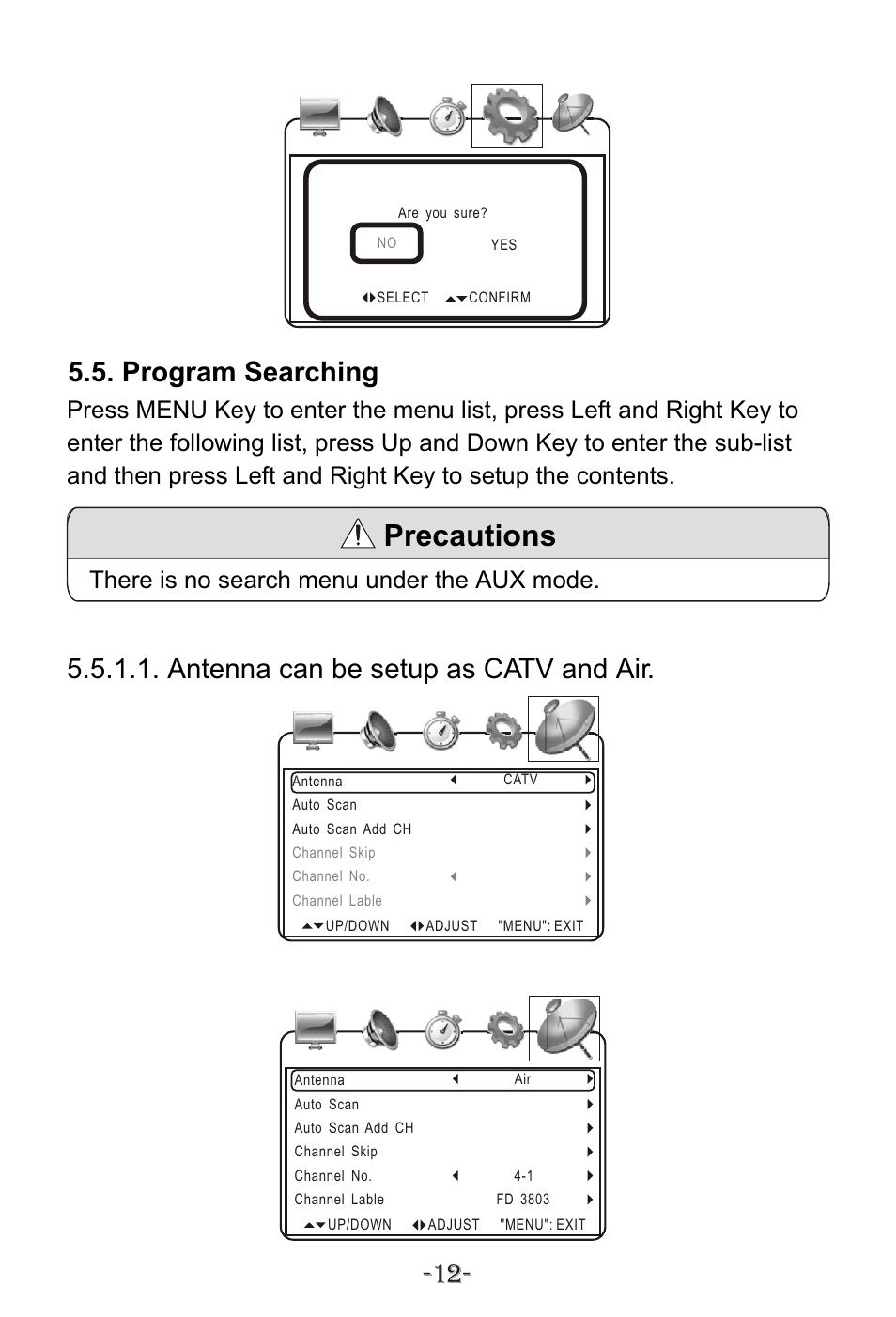 Т³гж 14, Precautions, 5.5. program searching | Antenna can be setup as catv and air, There is no search menu under the aux mode | Curtis KCR2614A User Manual | Page 15 / 20