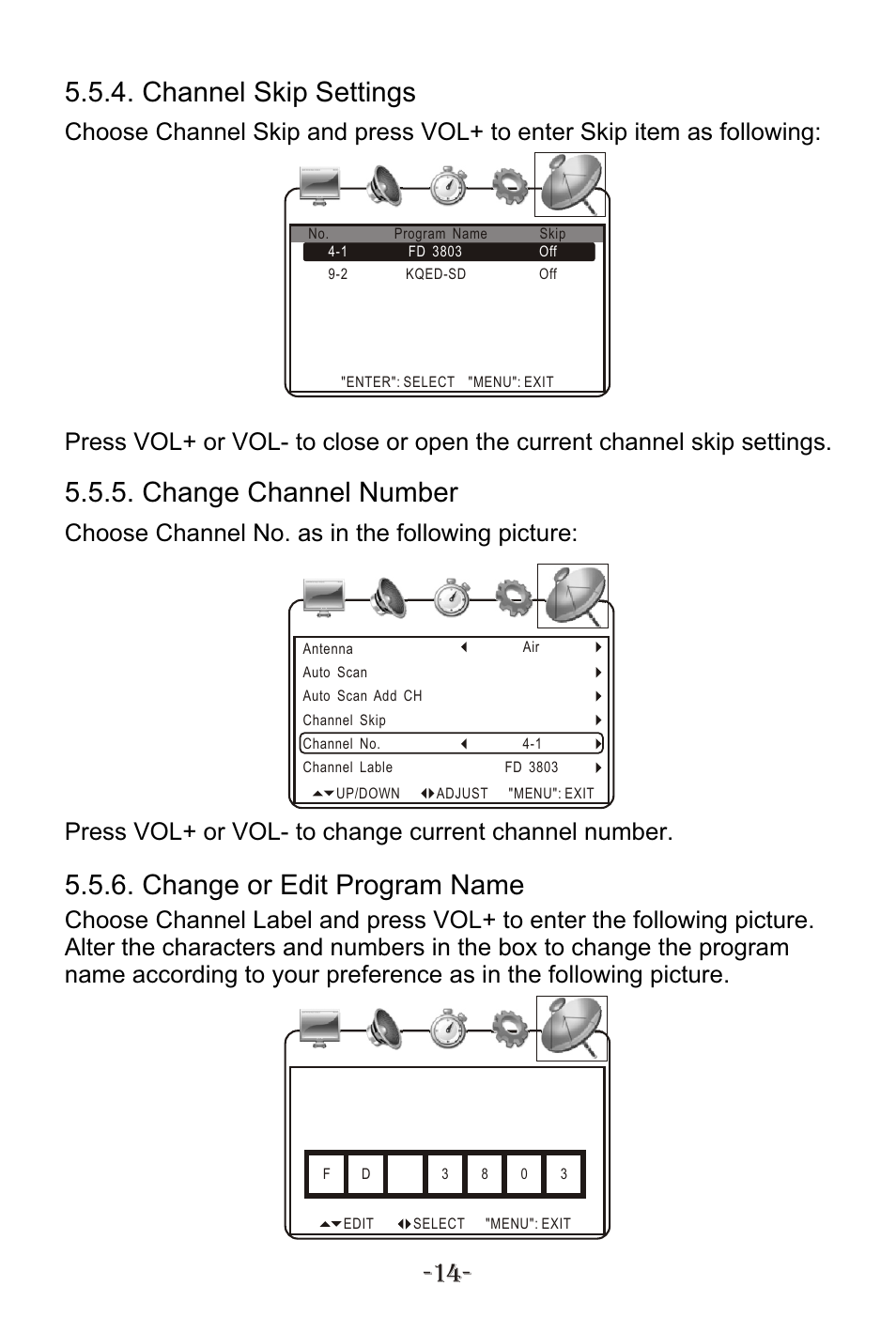 Т³гж 16, Channel skip settings, Change channel number | Change or edit program name | Curtis KCR2614A User Manual | Page 17 / 20
