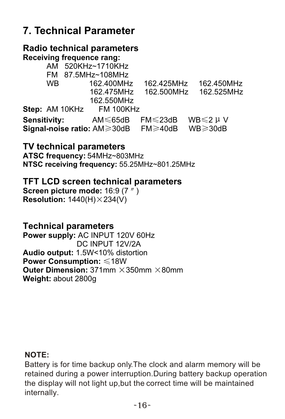 Т³гж 18, Technical parameter | Curtis KCR2614A User Manual | Page 19 / 20