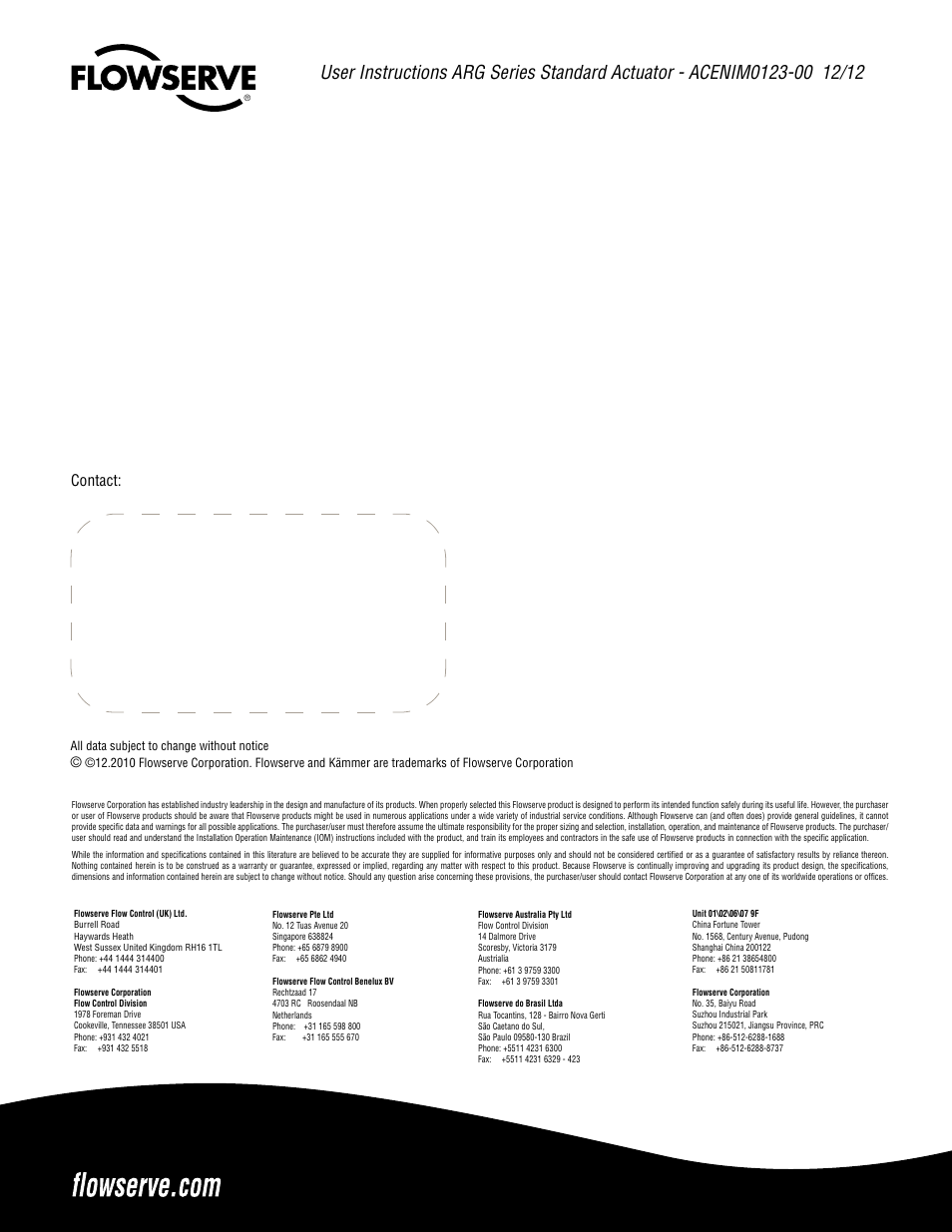Contact | Flowserve ARG Series Standard Actuator User Manual | Page 12 / 12