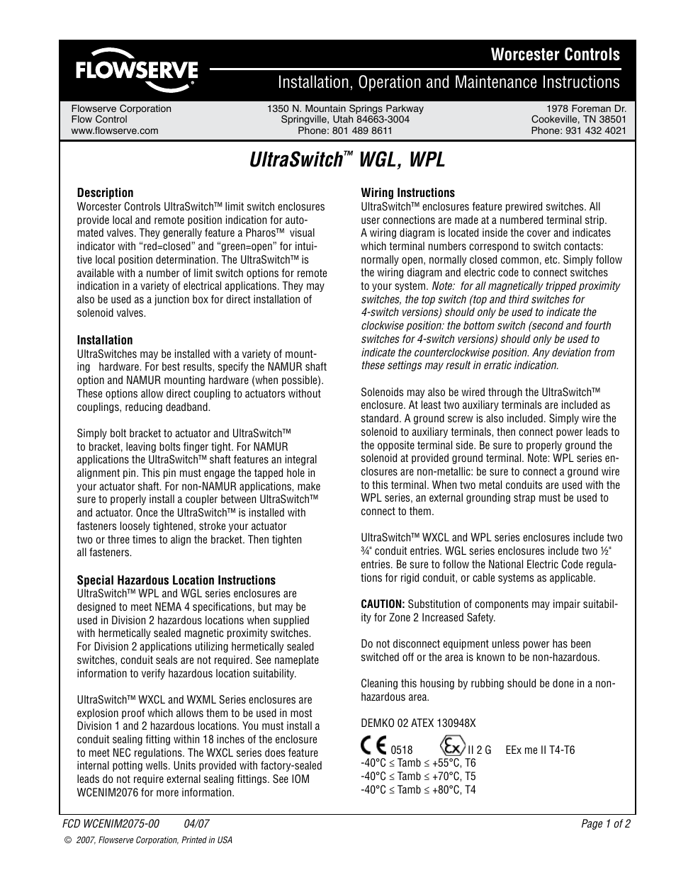 Flowserve WGL UltraSwitch User Manual | 2 pages