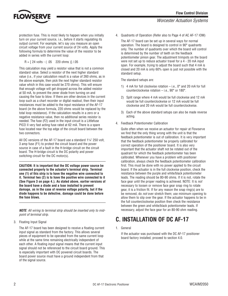 C. installation of dc af-17, Worcester actuation systems | Flowserve DC AF-17 Electronic Positioner User Manual | Page 2 / 4