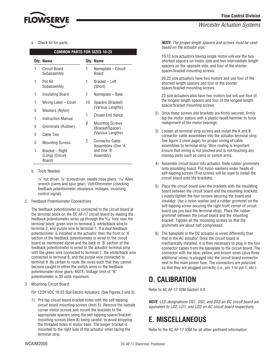 D. calibration, E. miscellaneous, Worcester actuation systems | Flowserve DC AF-17 Electronic Positioner User Manual | Page 3 / 4