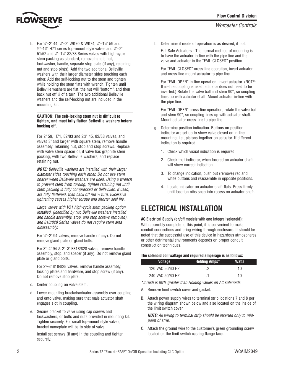 Electrical installation, Worcester controls | Flowserve 72 Series Electri-SAFE User Manual | Page 2 / 8