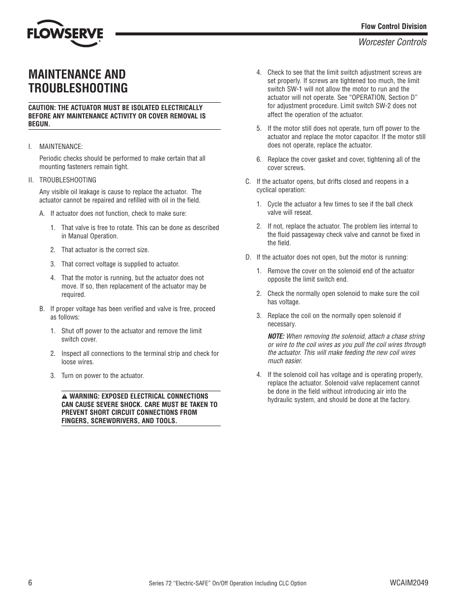 Maintenance and troubleshooting, Worcester controls | Flowserve 72 Series Electri-SAFE User Manual | Page 6 / 8