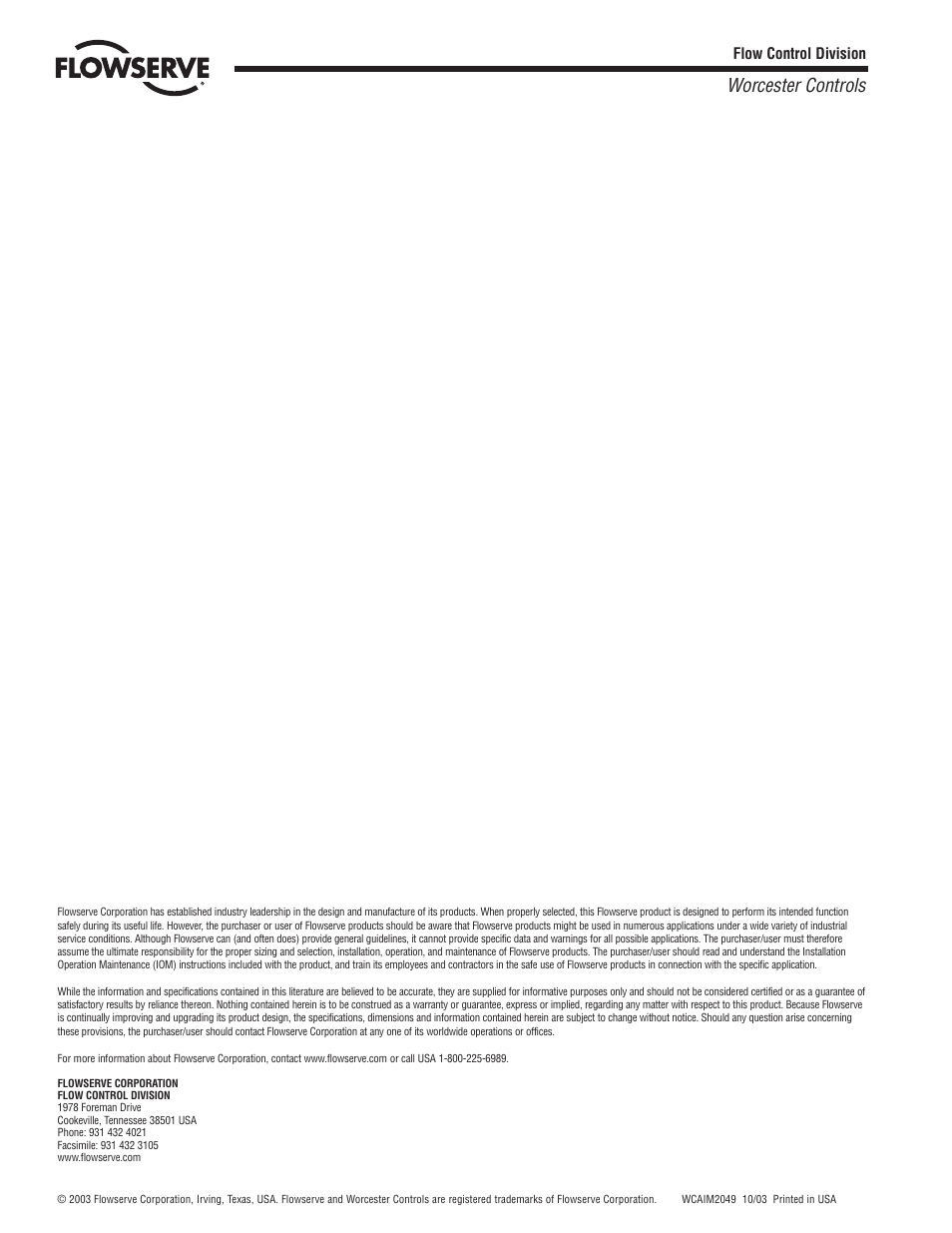 Worcester controls | Flowserve 72 Series Electri-SAFE User Manual | Page 8 / 8