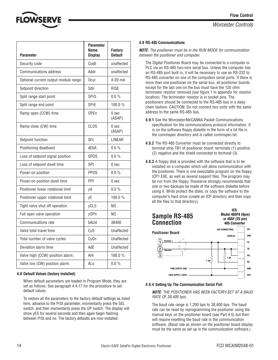 Sample rs-485 connection, Worcester controls | Flowserve Worcester Controls Electri-SAFE DataFlo User Manual | Page 14 / 28